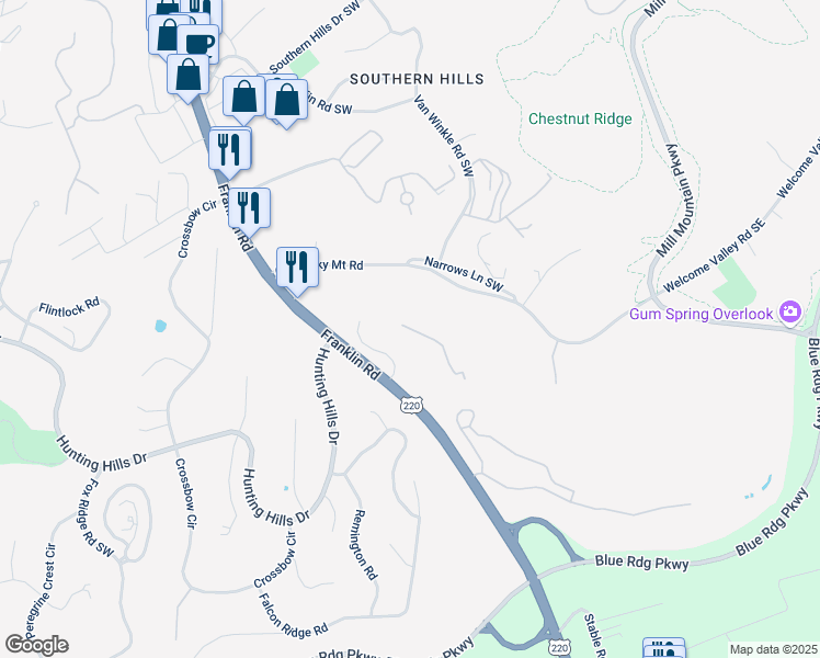 map of restaurants, bars, coffee shops, grocery stores, and more near Summit Way in Roanoke