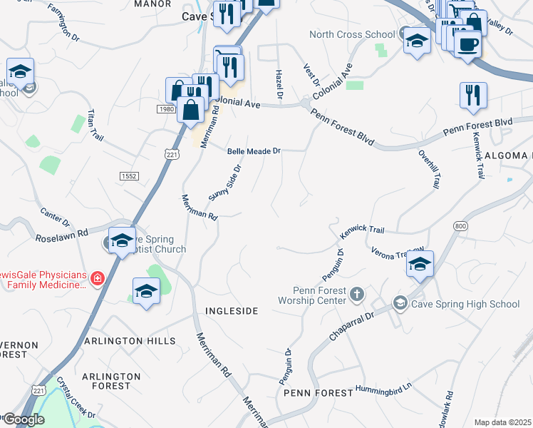 map of restaurants, bars, coffee shops, grocery stores, and more near 5041 Balsam Drive in Cave Spring