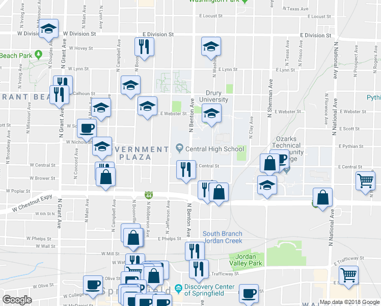 map of restaurants, bars, coffee shops, grocery stores, and more near 931 North Benton Avenue in Springfield