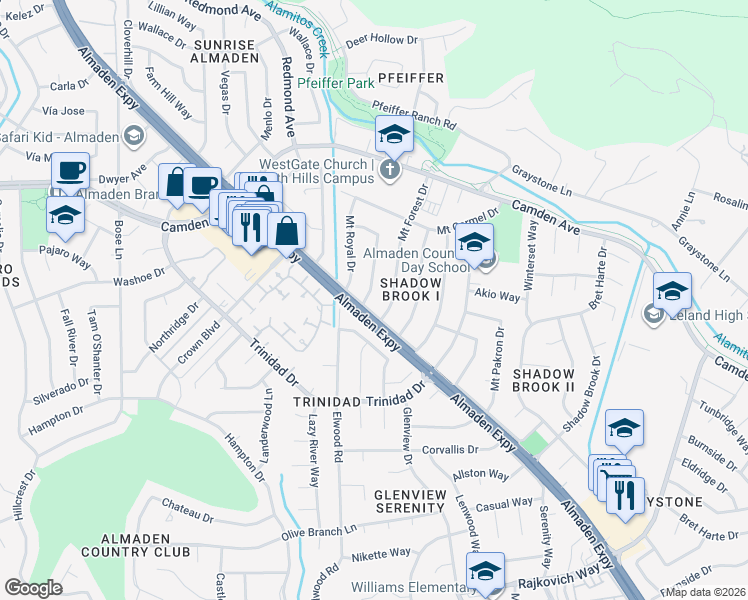 map of restaurants, bars, coffee shops, grocery stores, and more near 6647 Mount Wellington Drive in San Jose