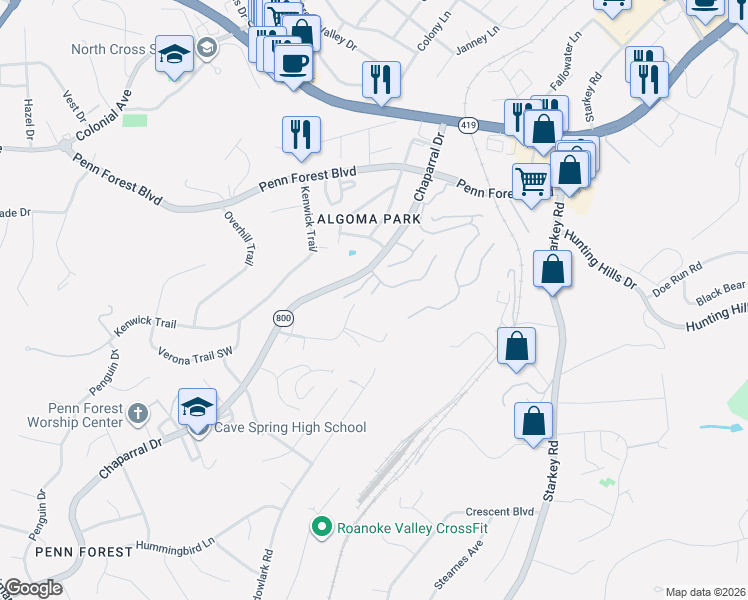 map of restaurants, bars, coffee shops, grocery stores, and more near 3406 Kim Court in Roanoke