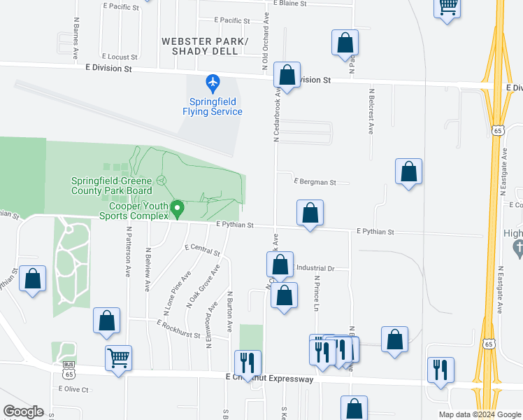 map of restaurants, bars, coffee shops, grocery stores, and more near 2764 East Pythian Street in Springfield