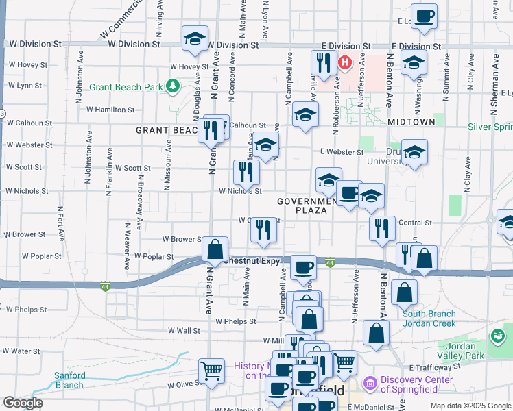 map of restaurants, bars, coffee shops, grocery stores, and more near 924 North Main Avenue in Springfield