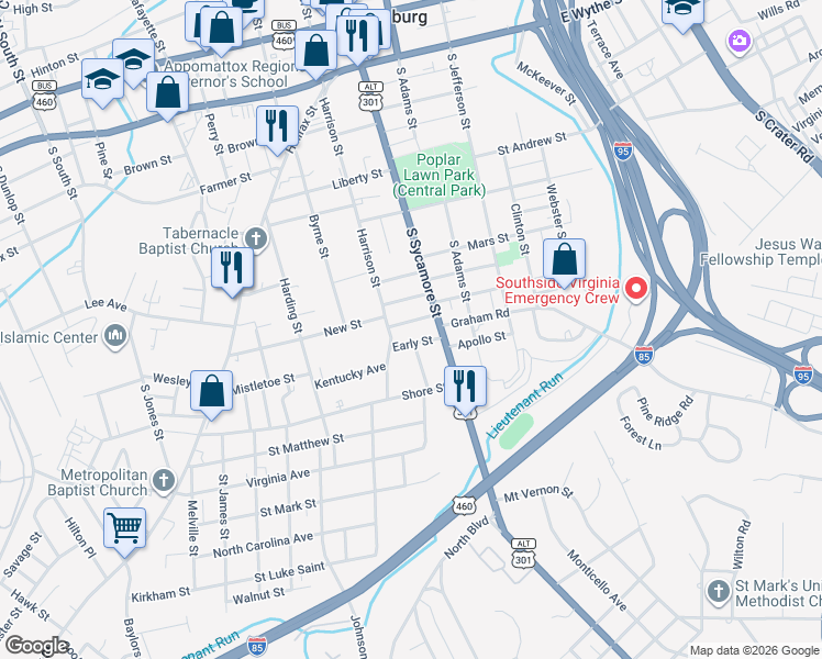 map of restaurants, bars, coffee shops, grocery stores, and more near 621 Harrison Street in Petersburg