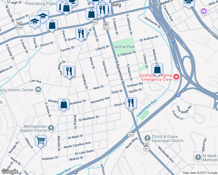 map of restaurants, bars, coffee shops, grocery stores, and more near 610 Harrison Street in Petersburg