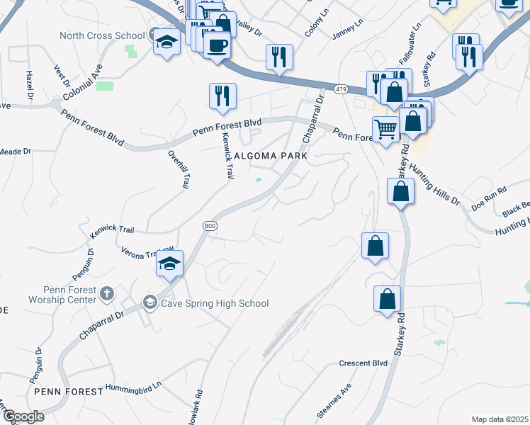 map of restaurants, bars, coffee shops, grocery stores, and more near 3400 Kim Court in Roanoke