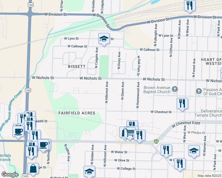 map of restaurants, bars, coffee shops, grocery stores, and more near 808 North Hillcrest Avenue in Springfield