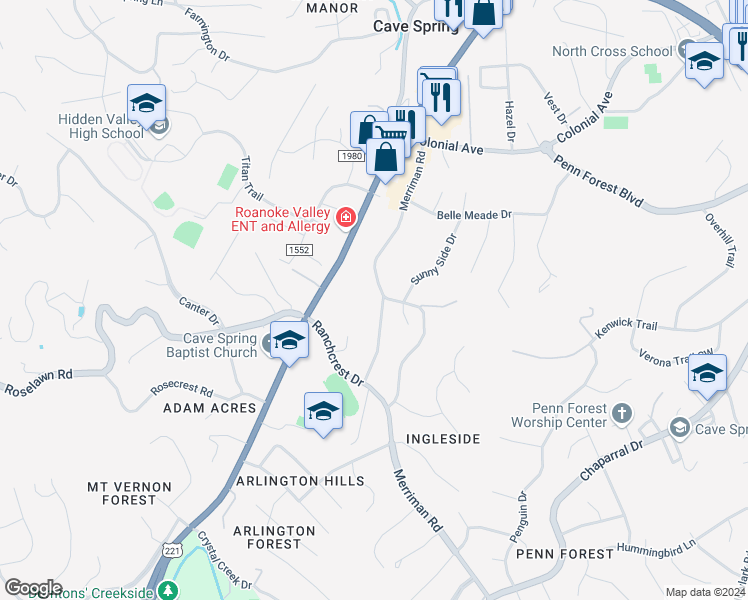 map of restaurants, bars, coffee shops, grocery stores, and more near 5104 Springlawn Avenue in Roanoke