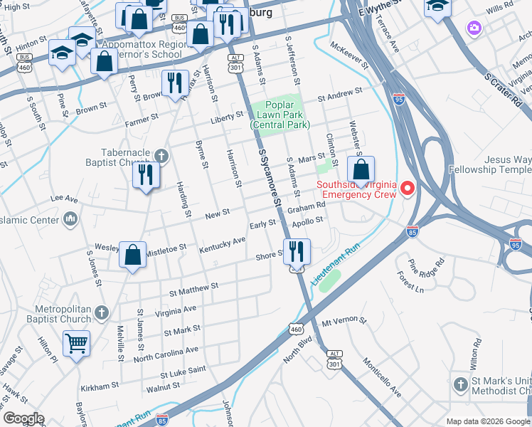 map of restaurants, bars, coffee shops, grocery stores, and more near 628 South Sycamore Street in Petersburg