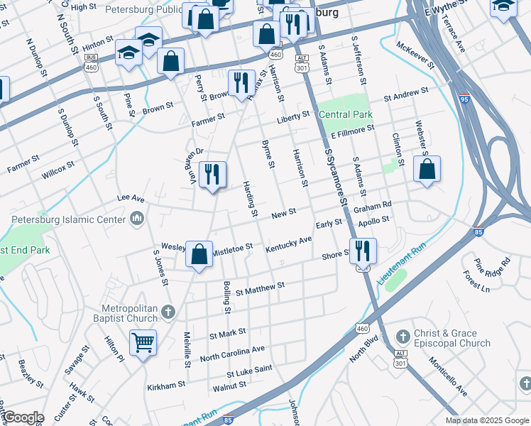 map of restaurants, bars, coffee shops, grocery stores, and more near 231 New Street in Petersburg