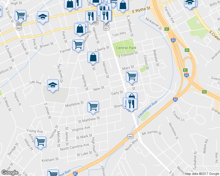 map of restaurants, bars, coffee shops, grocery stores, and more near 610 Harrison Street in Petersburg