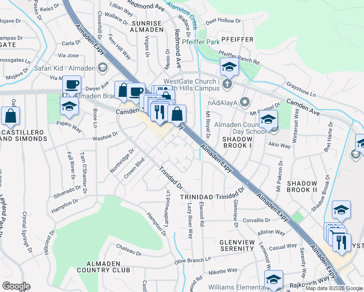 map of restaurants, bars, coffee shops, grocery stores, and more near 6587 Boston Post Court in San Jose