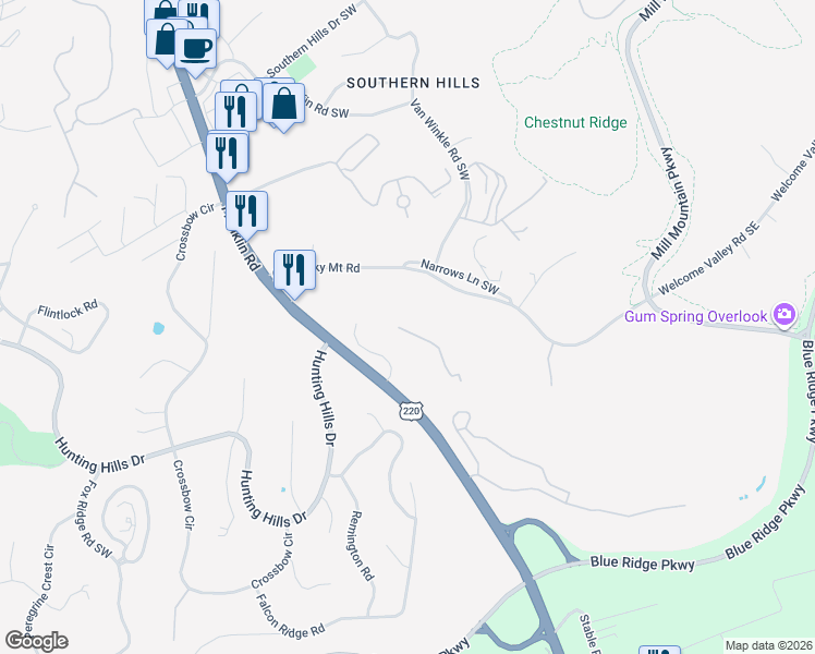 map of restaurants, bars, coffee shops, grocery stores, and more near Summit Way in Roanoke