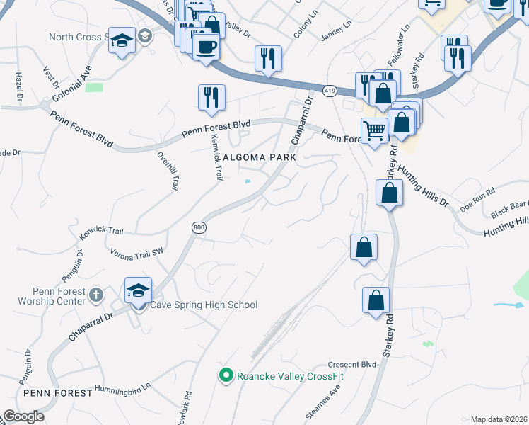 map of restaurants, bars, coffee shops, grocery stores, and more near 3406 Kim Court in Cave Spring