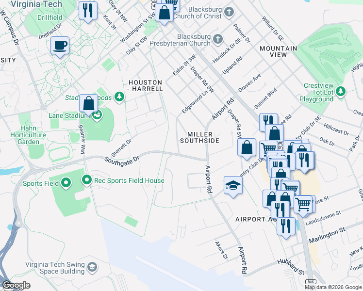 map of restaurants, bars, coffee shops, grocery stores, and more near 512 Southgate Drive in Blacksburg