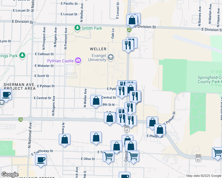 map of restaurants, bars, coffee shops, grocery stores, and more near 1660 East Pythian Street in Springfield