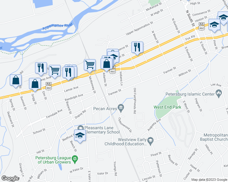 map of restaurants, bars, coffee shops, grocery stores, and more near 1419 Farmer Street in Petersburg