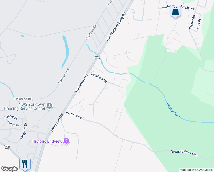 map of restaurants, bars, coffee shops, grocery stores, and more near 570 Taliaferro Road in Newport News