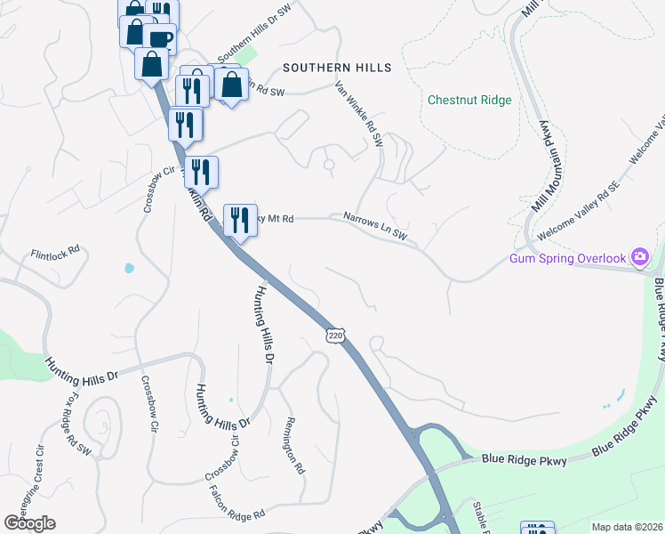 map of restaurants, bars, coffee shops, grocery stores, and more near Summit Way in Roanoke