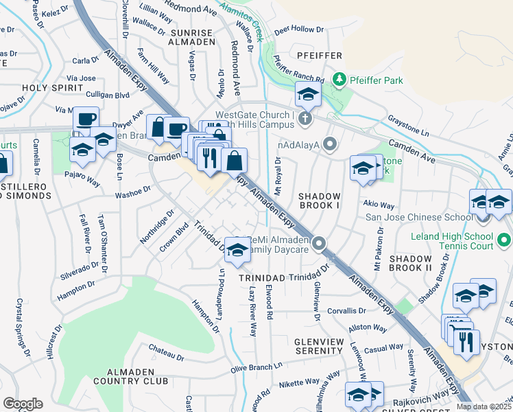 map of restaurants, bars, coffee shops, grocery stores, and more near 6616 Folklore Court in San Jose