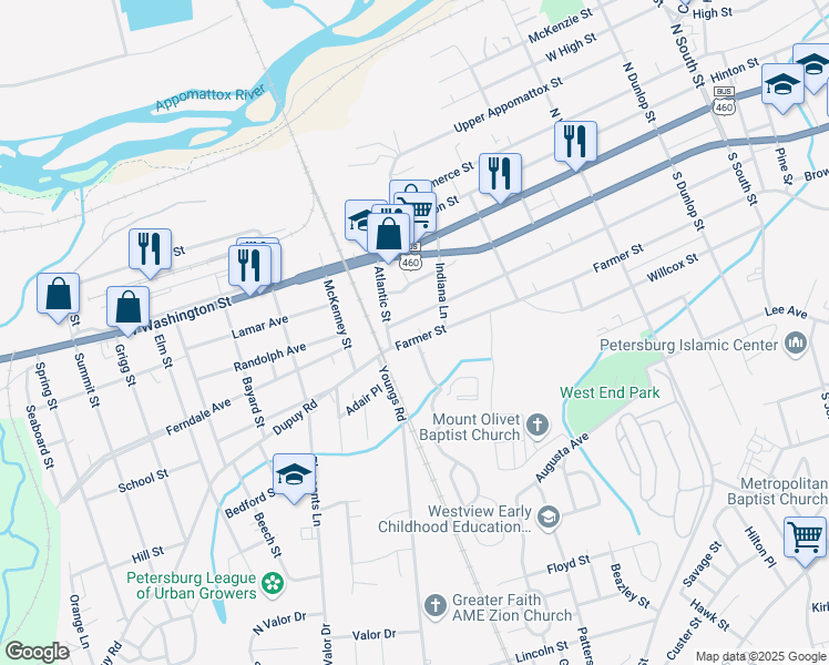 map of restaurants, bars, coffee shops, grocery stores, and more near 1419 Farmer Street in Petersburg