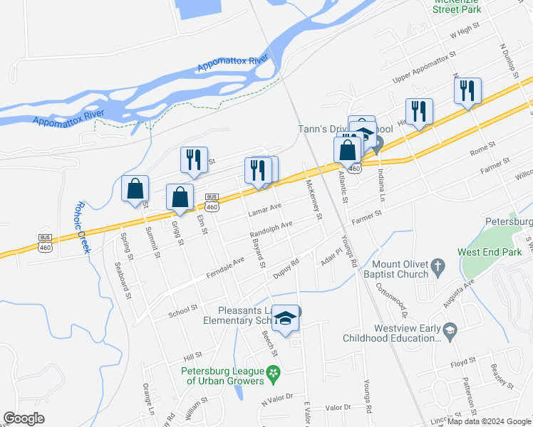 map of restaurants, bars, coffee shops, grocery stores, and more near 1720 Lamar Avenue in Petersburg