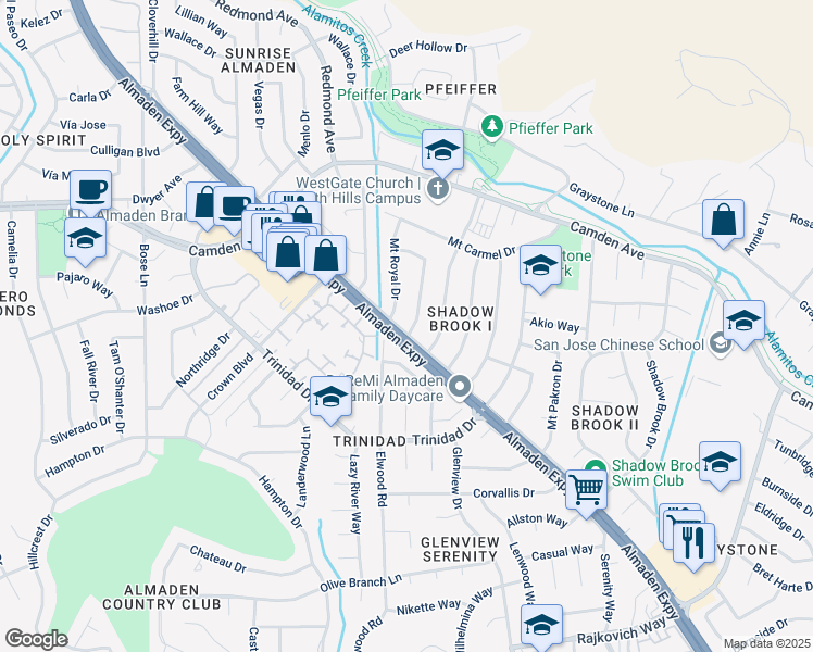 map of restaurants, bars, coffee shops, grocery stores, and more near 6647 Mount Wellington Drive in San Jose