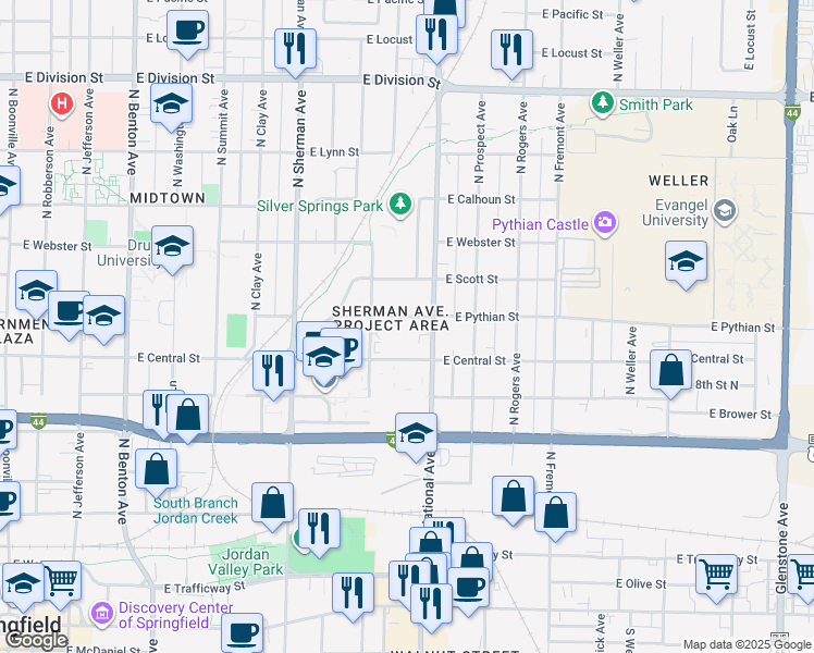map of restaurants, bars, coffee shops, grocery stores, and more near 932 North Florence Avenue in Springfield