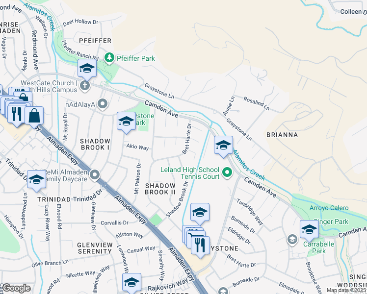 map of restaurants, bars, coffee shops, grocery stores, and more near 6649 Bret Harte Drive in San Jose