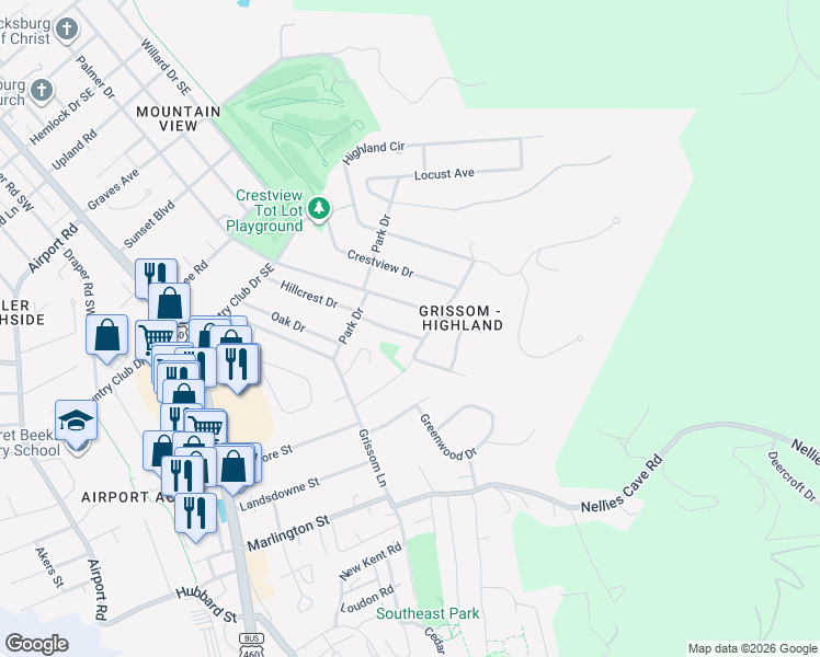 map of restaurants, bars, coffee shops, grocery stores, and more near 501-599 Sunrise Drive in Blacksburg