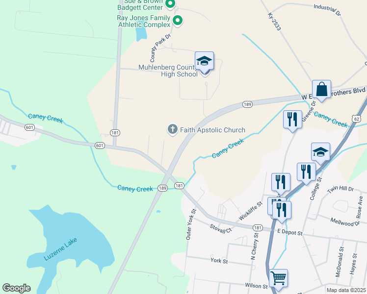 map of restaurants, bars, coffee shops, grocery stores, and more near 501 Kentucky 189 in Greenville