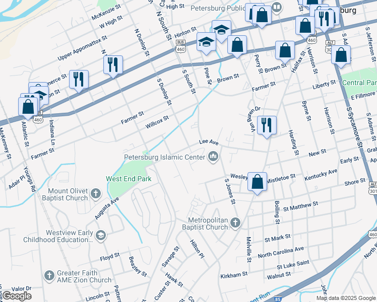map of restaurants, bars, coffee shops, grocery stores, and more near 901 North Gillfield Drive in Petersburg
