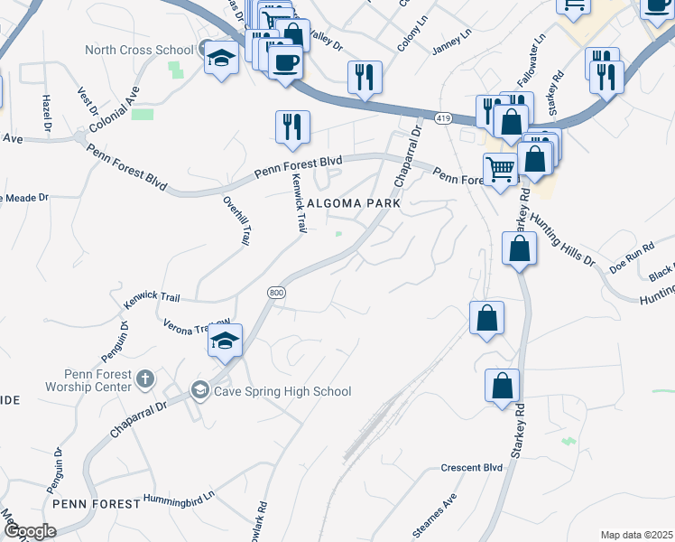 map of restaurants, bars, coffee shops, grocery stores, and more near 3386 Kelly Lane Extension in Cave Spring