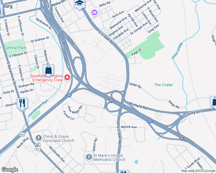 map of restaurants, bars, coffee shops, grocery stores, and more near 543 Bellevue Avenue in Petersburg