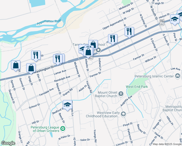 map of restaurants, bars, coffee shops, grocery stores, and more near in Petersburg
