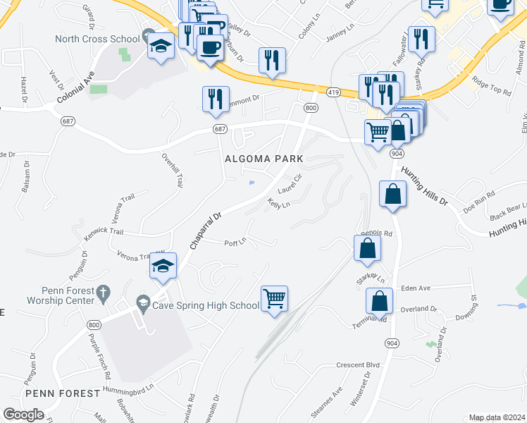 map of restaurants, bars, coffee shops, grocery stores, and more near 3406 Kim Court in Cave Spring