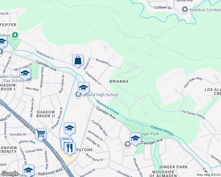 map of restaurants, bars, coffee shops, grocery stores, and more near 18950 Graystone Lane in San Jose