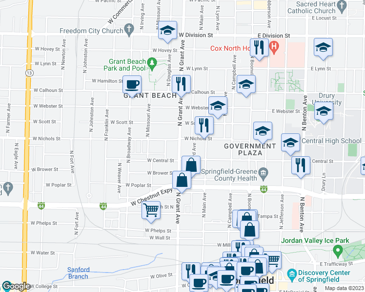 map of restaurants, bars, coffee shops, grocery stores, and more near 932 North Grant Avenue in Springfield