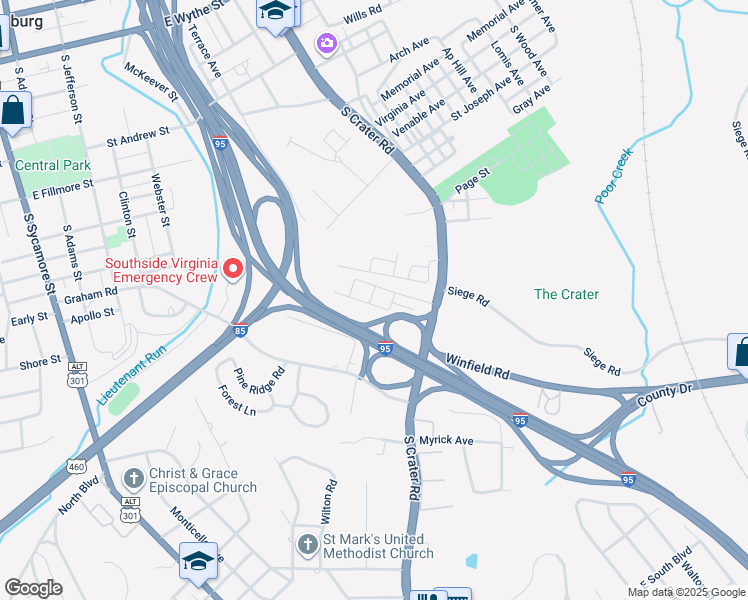 map of restaurants, bars, coffee shops, grocery stores, and more near 543 Bellevue Avenue in Petersburg