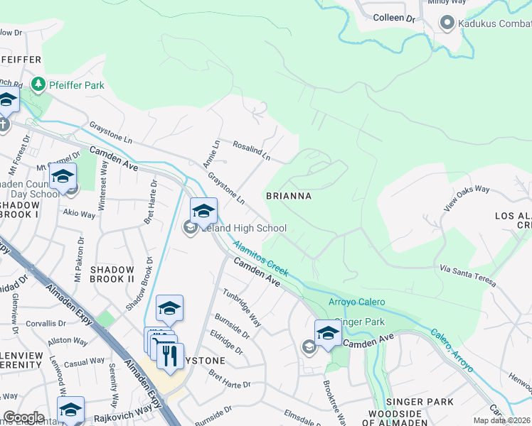 map of restaurants, bars, coffee shops, grocery stores, and more near 18950 Graystone Lane in San Jose