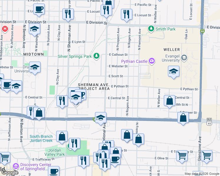 map of restaurants, bars, coffee shops, grocery stores, and more near 923 North Prospect Avenue in Springfield