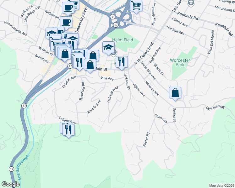 map of restaurants, bars, coffee shops, grocery stores, and more near 8 Central Court in Los Gatos