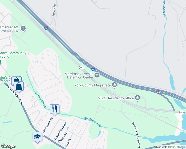 map of restaurants, bars, coffee shops, grocery stores, and more near 9300 Merrimac Trail in Williamsburg