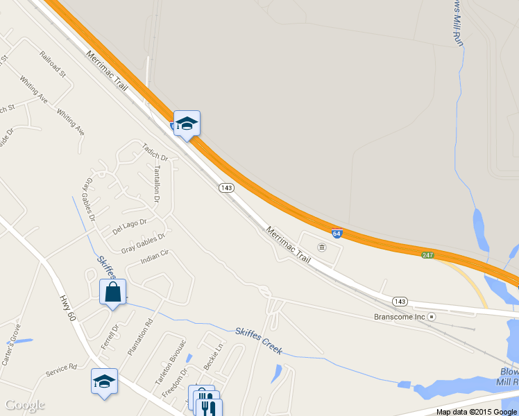 map of restaurants, bars, coffee shops, grocery stores, and more near 9300 Merrimac Trail in Williamsburg