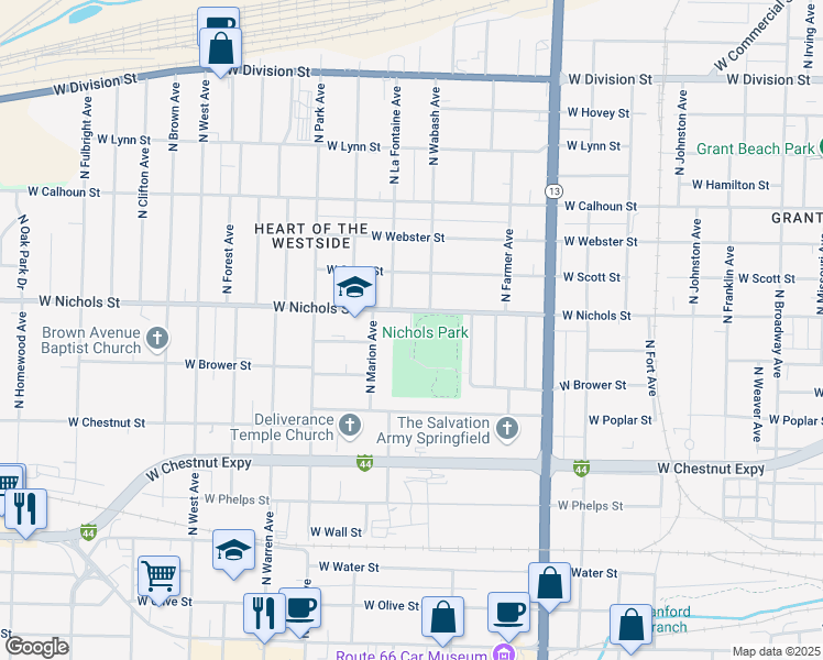map of restaurants, bars, coffee shops, grocery stores, and more near 900 North Prairie Avenue in Springfield