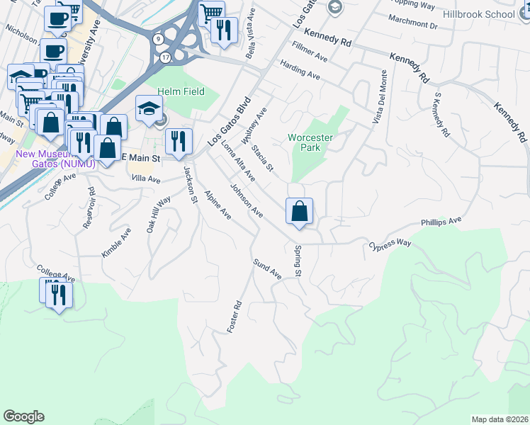 map of restaurants, bars, coffee shops, grocery stores, and more near 321 Johnson Avenue in Los Gatos