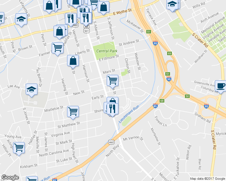map of restaurants, bars, coffee shops, grocery stores, and more near 698 South Adams Street in Petersburg