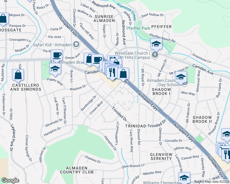 map of restaurants, bars, coffee shops, grocery stores, and more near 6539 Cobblestone Court in San Jose