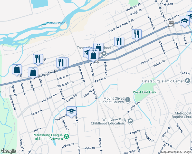 map of restaurants, bars, coffee shops, grocery stores, and more near 1456 Ferndale Avenue in Petersburg