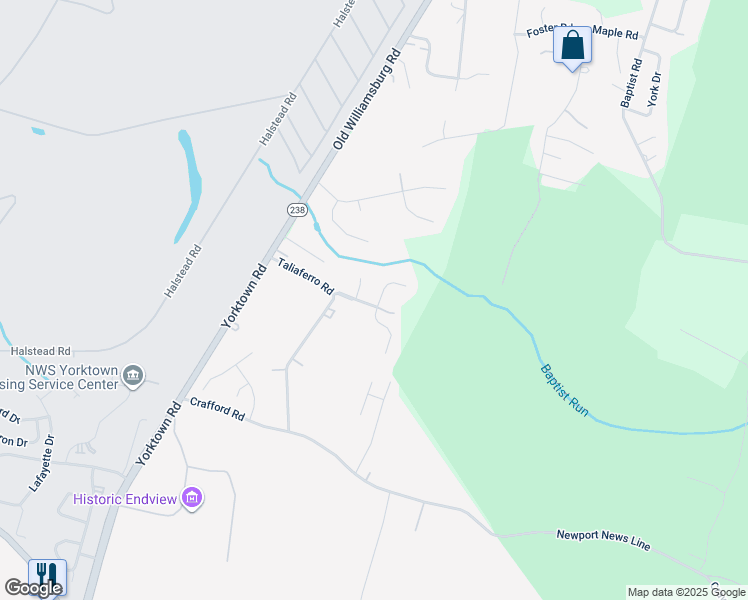 map of restaurants, bars, coffee shops, grocery stores, and more near 101 Crossing Waters Way in Yorktown